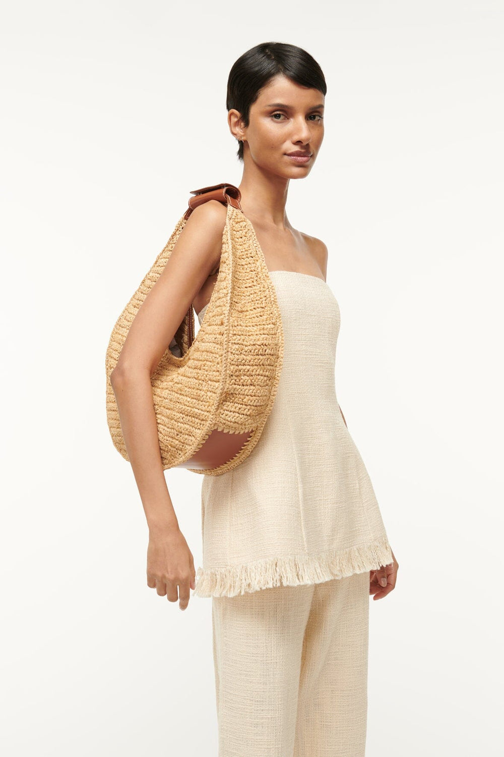LARGE RAFFIA MOON TOTE BAG NATURAL TAN