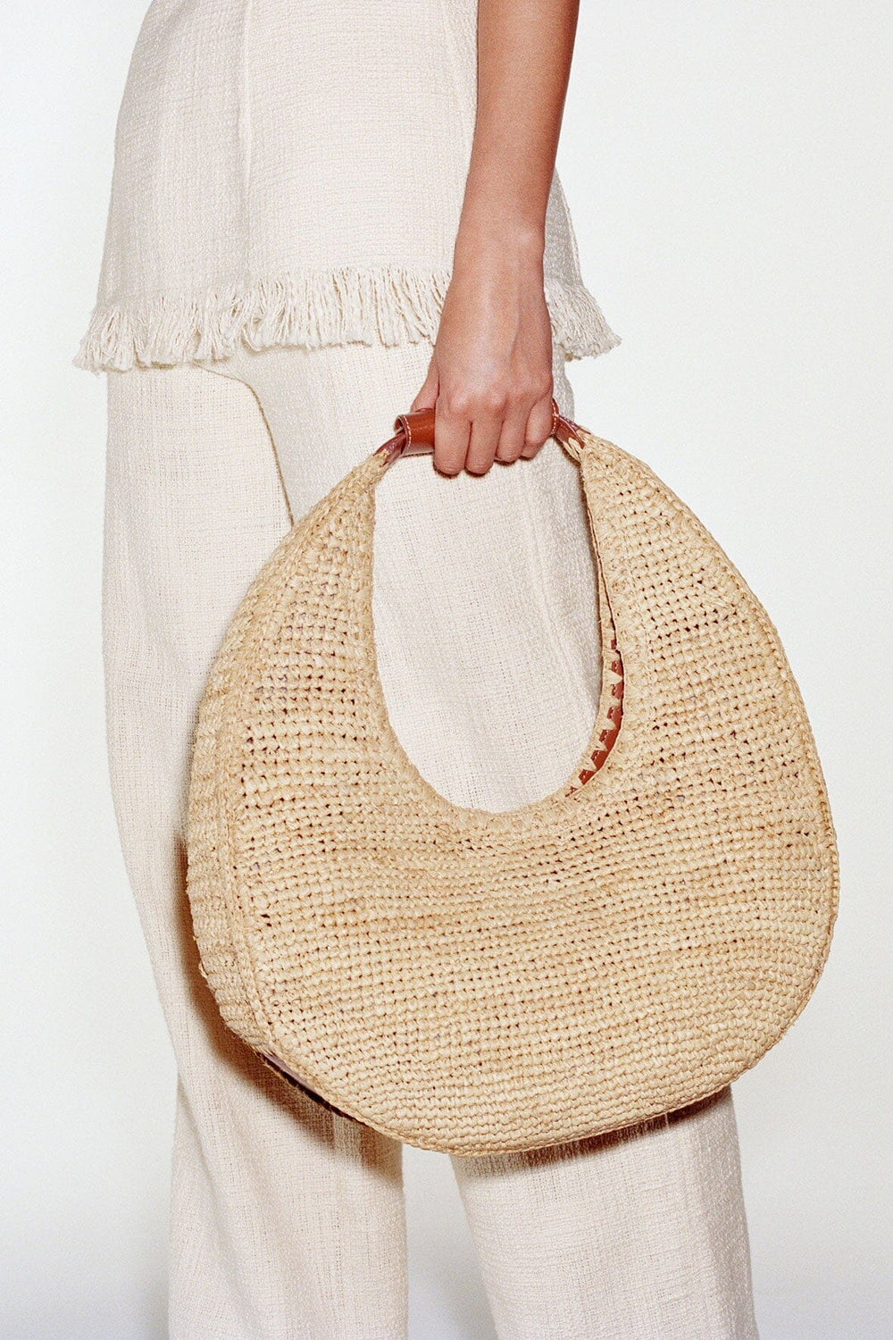 LARGE RAFFIA MOON TOTE BAG NATURAL TAN
