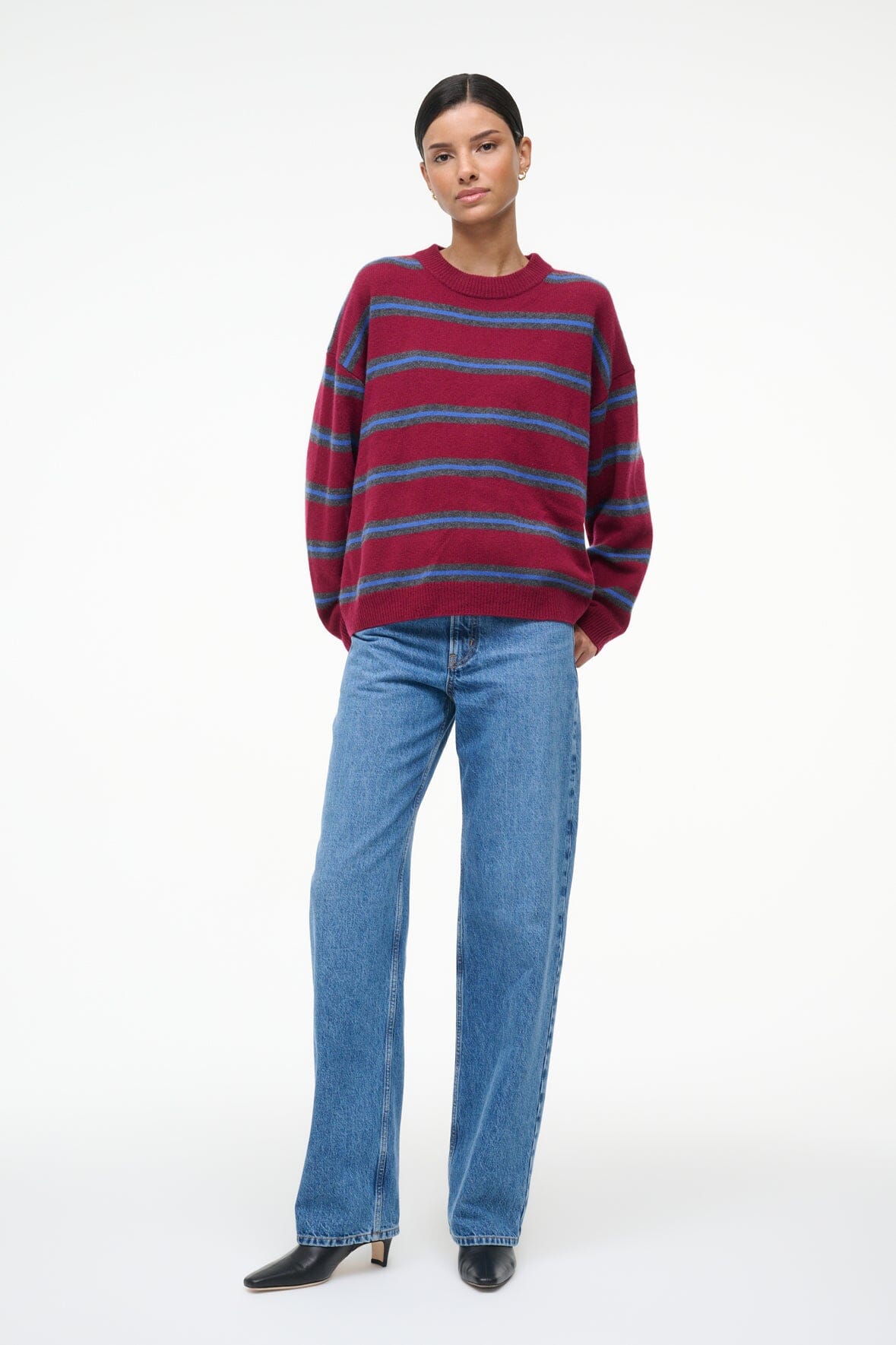 SERRANO CASHMERE RELAXED CREW CRIMSON STRIPE