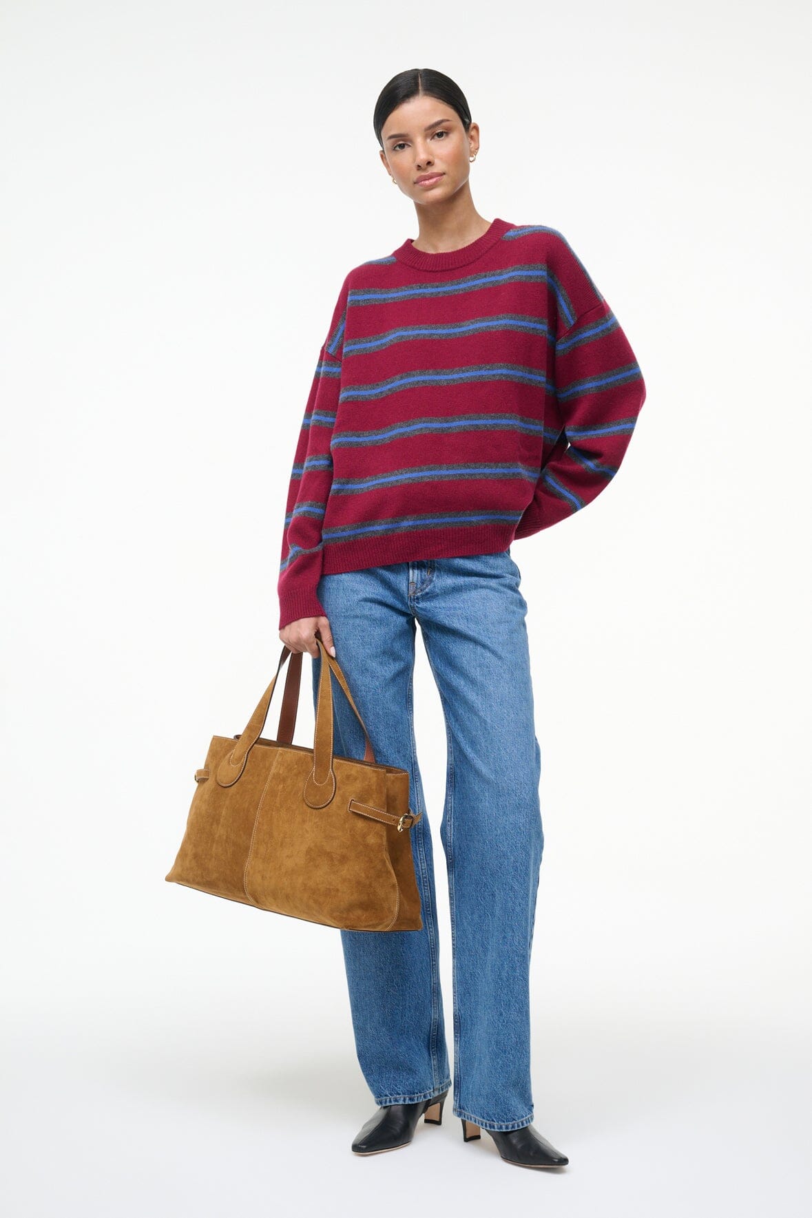 SERRANO CASHMERE RELAXED CREW CRIMSON STRIPE