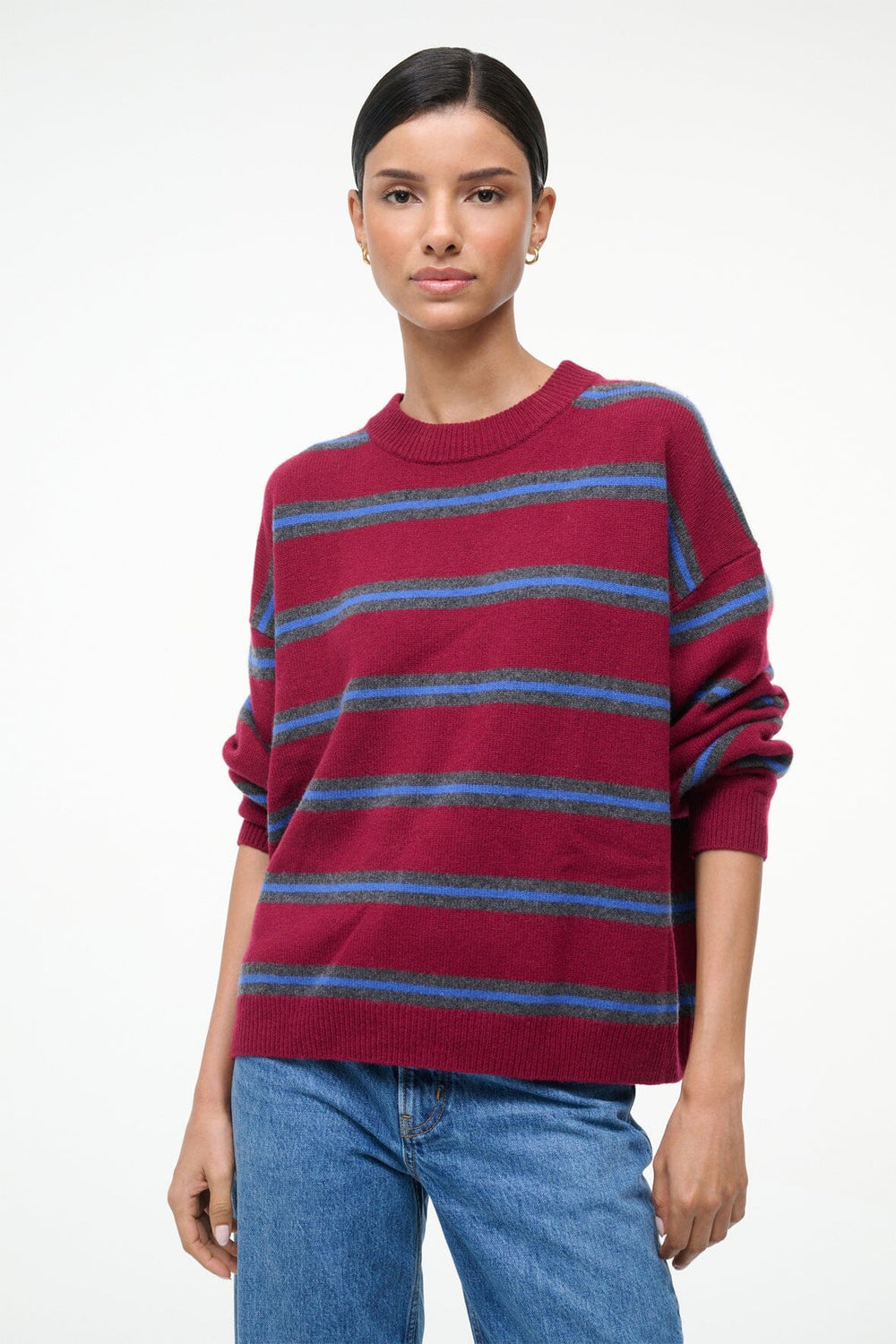 SERRANO CASHMERE RELAXED CREW CRIMSON STRIPE
