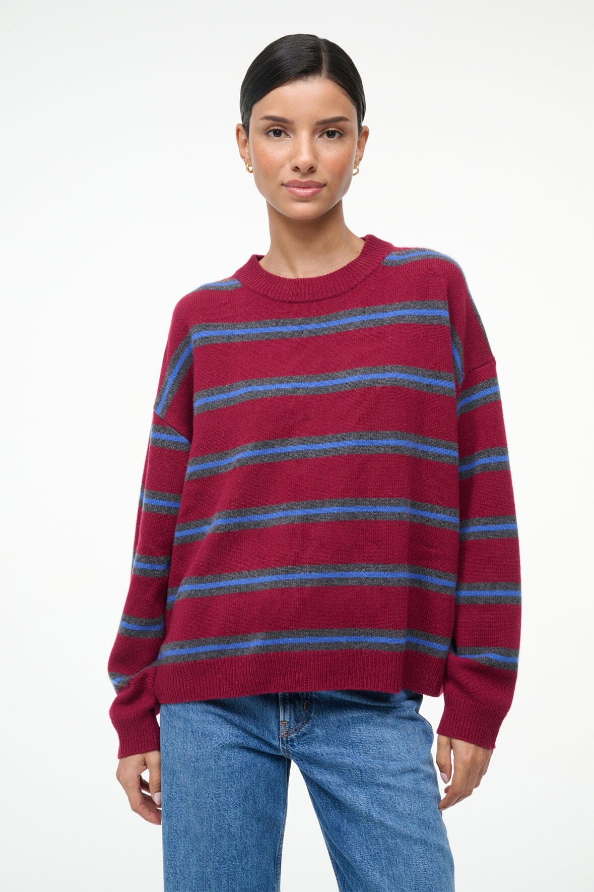 SERRANO CASHMERE RELAXED CREW CRIMSON STRIPE