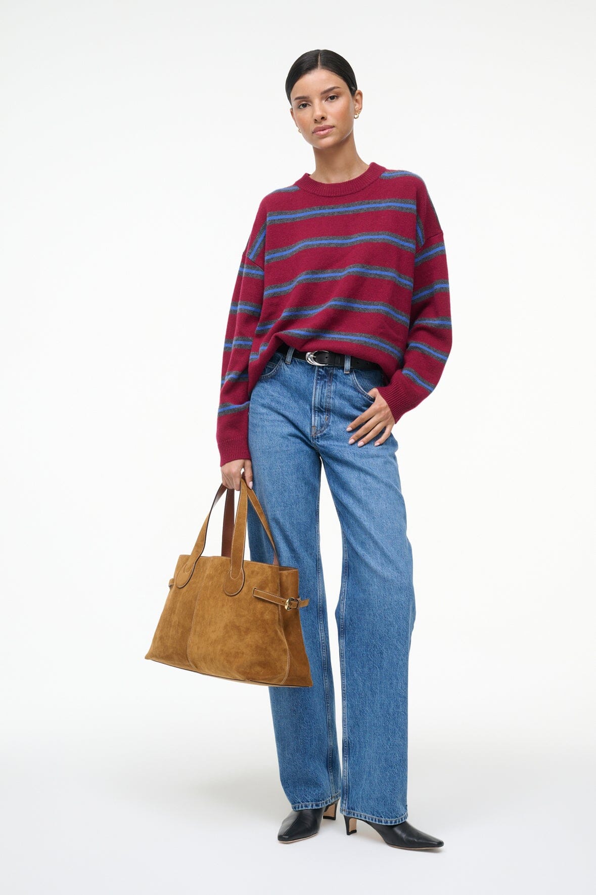 SERRANO CASHMERE RELAXED CREW CRIMSON STRIPE